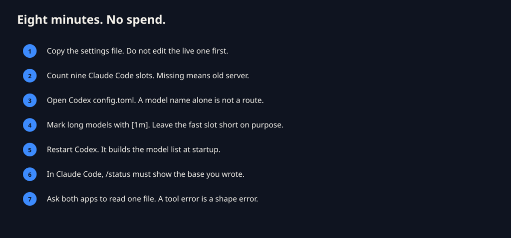Eight-minute checklist: copy configs, count nine slots, fix Codex route, restart, run /status.