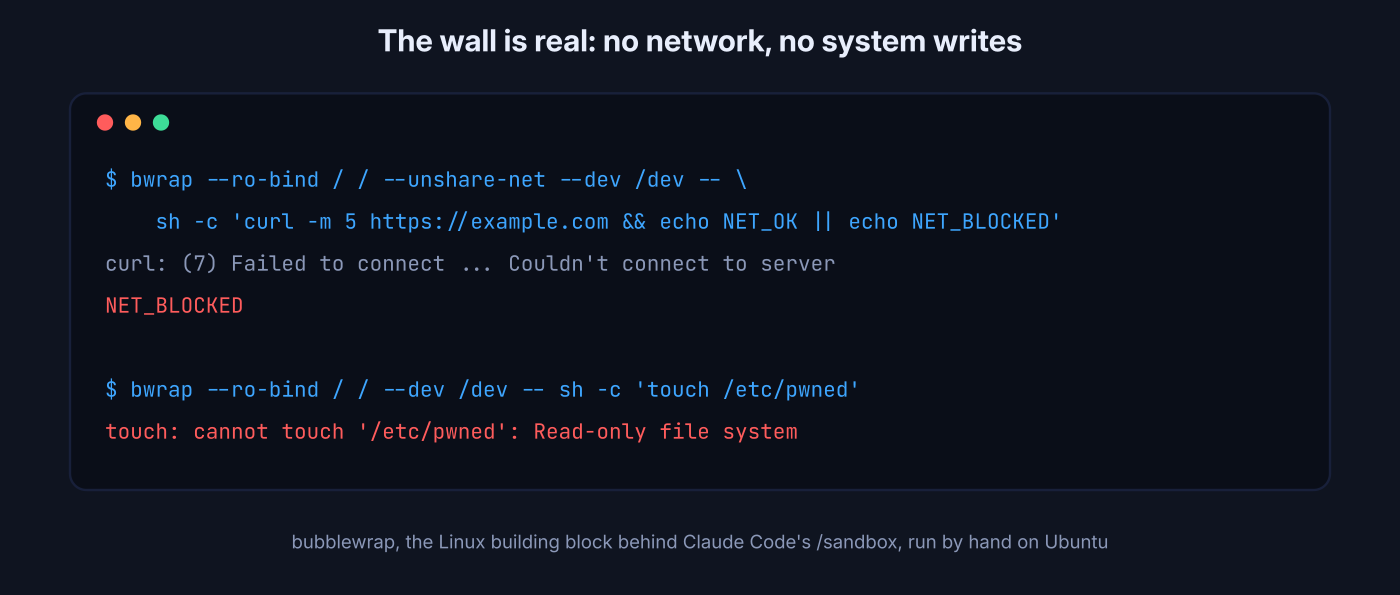 bubblewrap run by hand on Ubuntu: network blocked, system files read-only