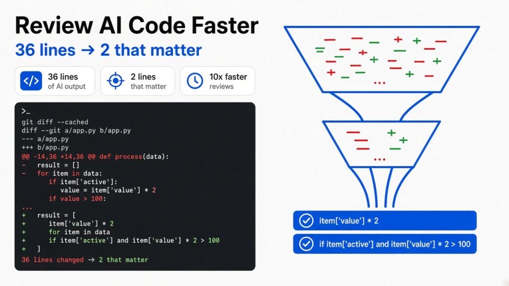 Review AI code faster: a 36-line noisy diff funneling down to the 2 lines that matter