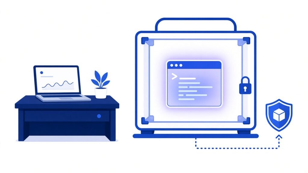 coop Claude Code sandbox, a dark navy desk with a small isolated VM cage around a terminal running Claude Code