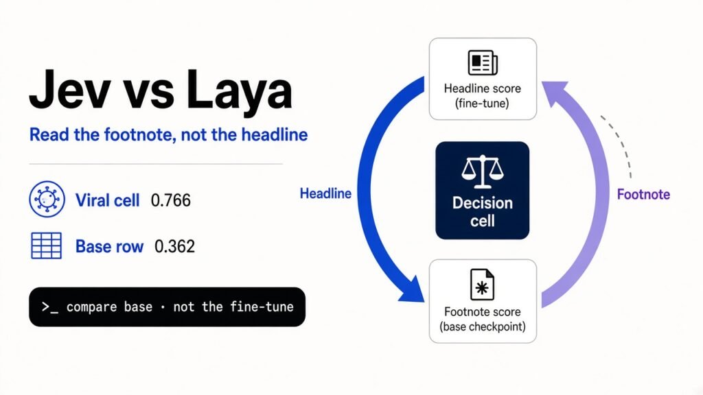 Jev vs Laya local bake-off — Apple-white editorial card with thick blue accents