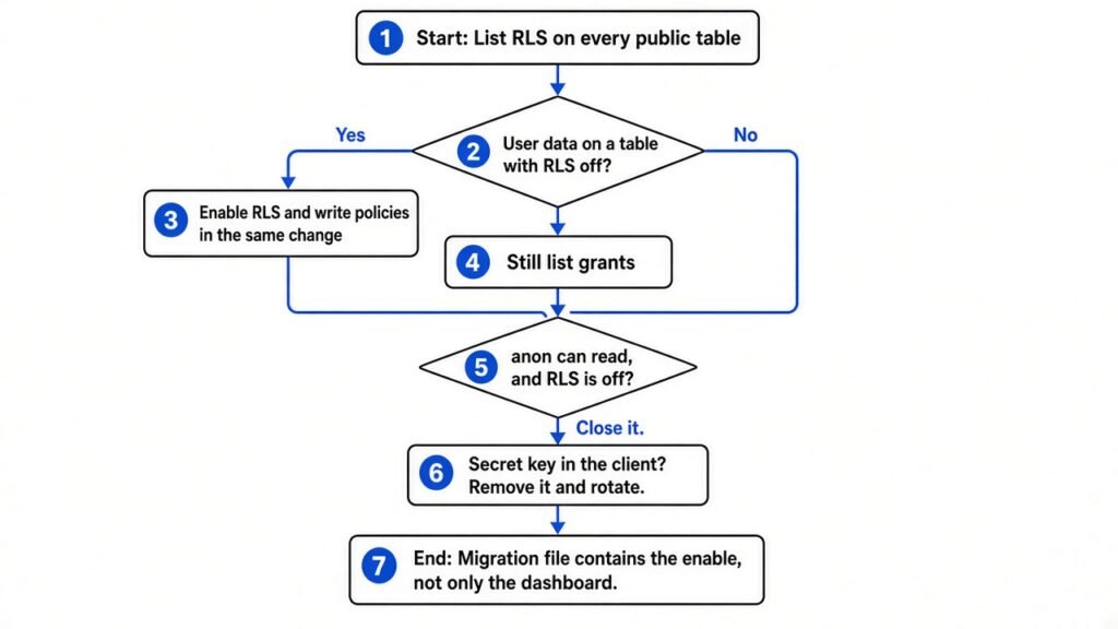 Six checks flowchart for RLS grants and secret key