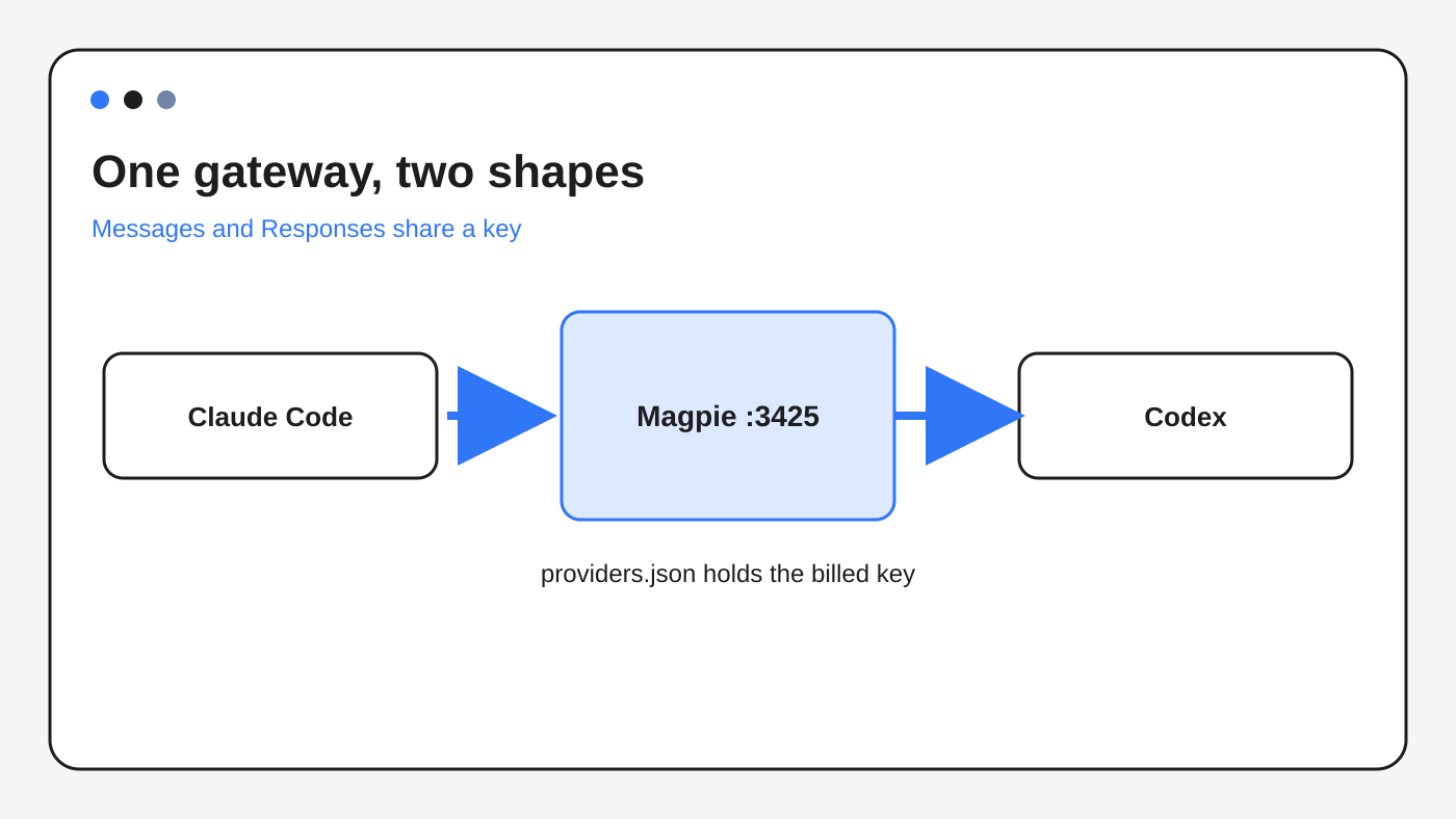 Magpie gateway translates Claude Code Messages and Codex Responses to one provider.