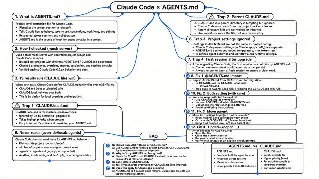 Mind map of Claude Code AGENTS.md loading rule, 4 traps, and 4 one-line fixes