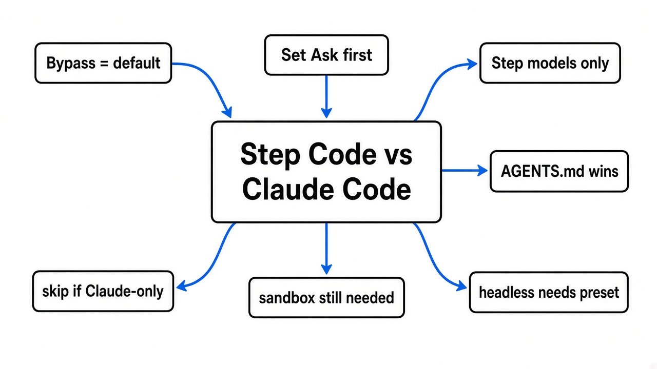 Mindmap of Step Code vs Claude Code: Bypass default, Ask mode, AGENTS.md order, when to skip.