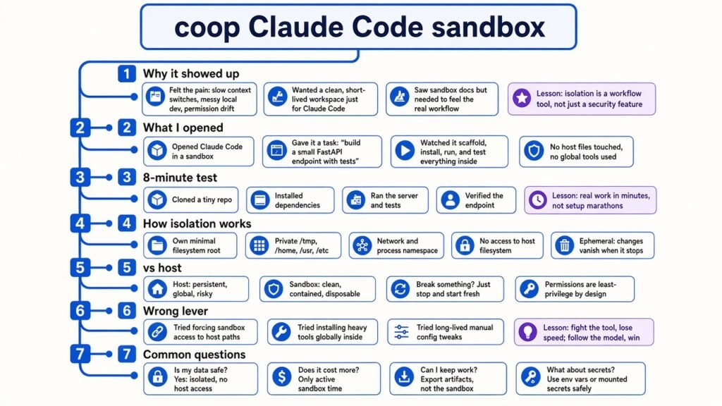 coop Claude Code sandbox mind map showing isolation workflow, project setup, testing, and trust boundaries