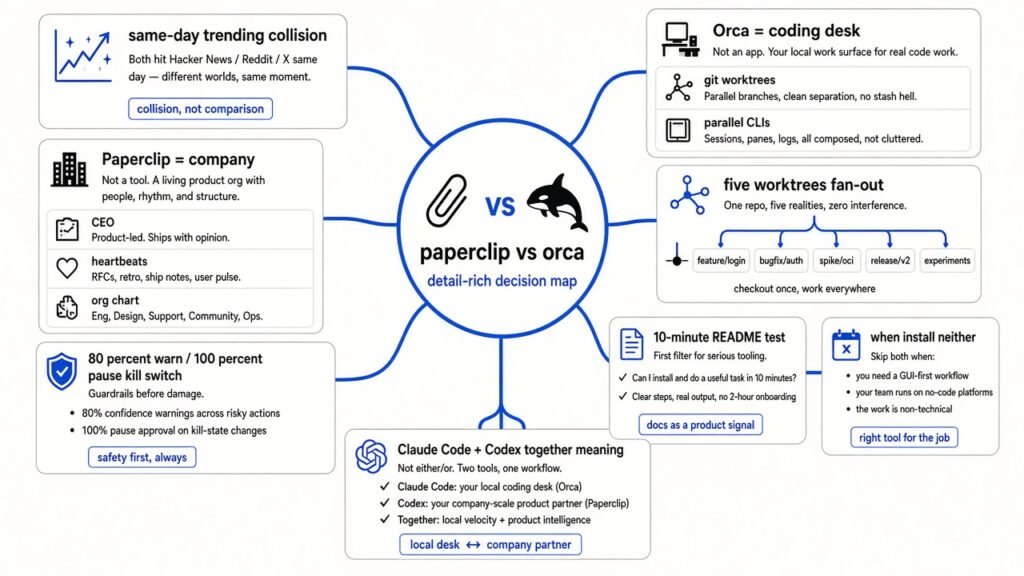 Mind map of paperclip vs orca decision: trending collision, company pause at 100 percent budget, Orca worktrees, when to install neither