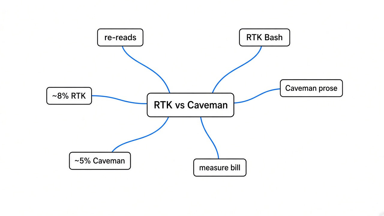 Simple mind map of RTK vs Caveman token savings in Claude Code