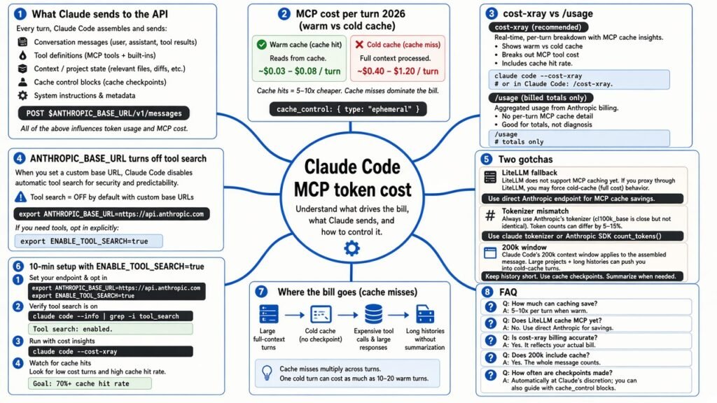 Mind map of Claude Code MCP token cost: cache misses, ANTHROPIC_BASE_URL tool-search trap, ENABLE_TOOL_SEARCH fix