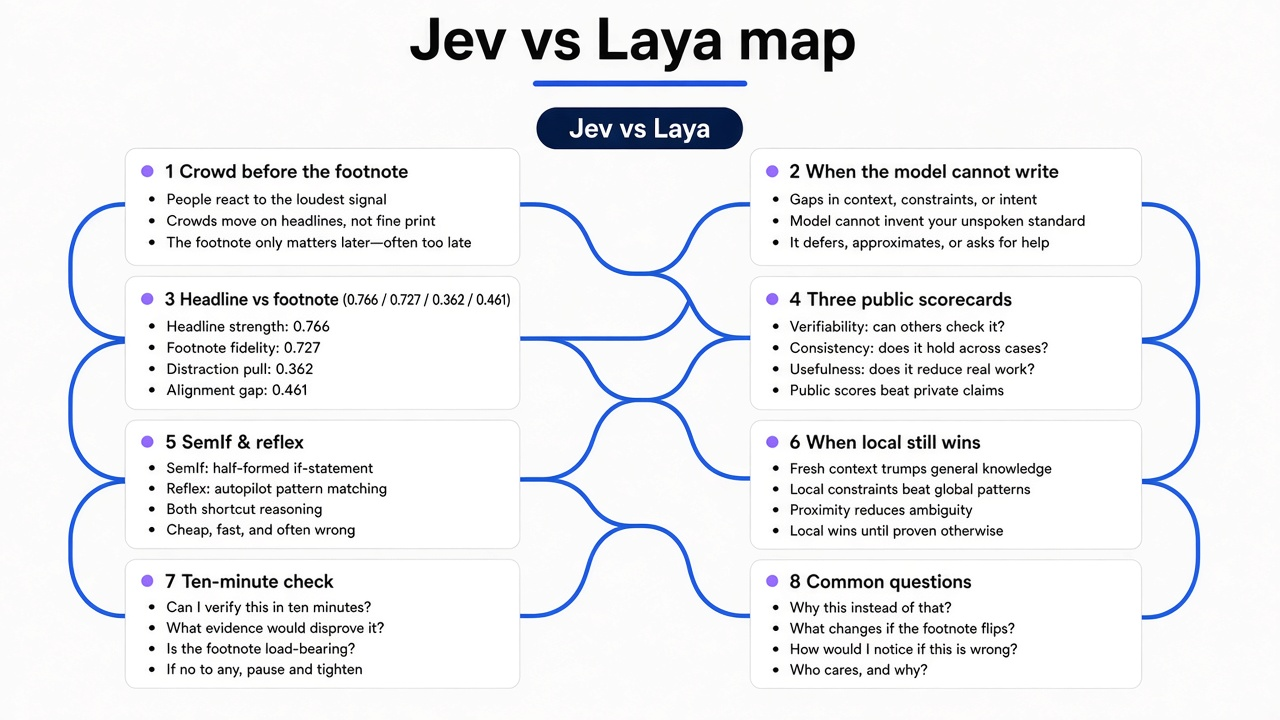 Jev vs Laya mind map — detail-rich section map with thick royal-blue connectors