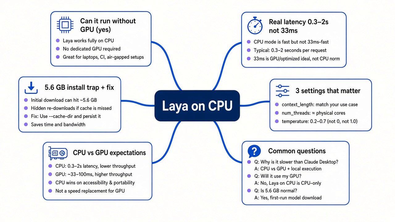 Mind map: running Laya on CPU without a GPU — install trap, real latency, settings, FAQ (Apple-white thick blue)