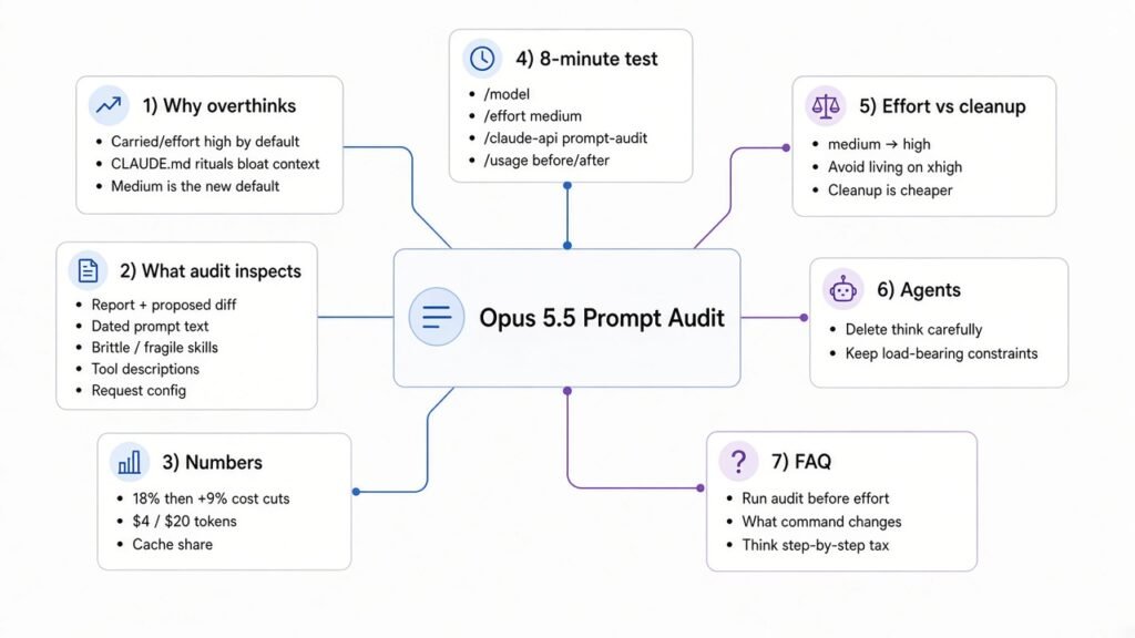 Opus 5.5 prompt audit mind map covering overthinking causes, audit scopes, cost numbers, 8-minute test, effort vs cleanup, FAQ