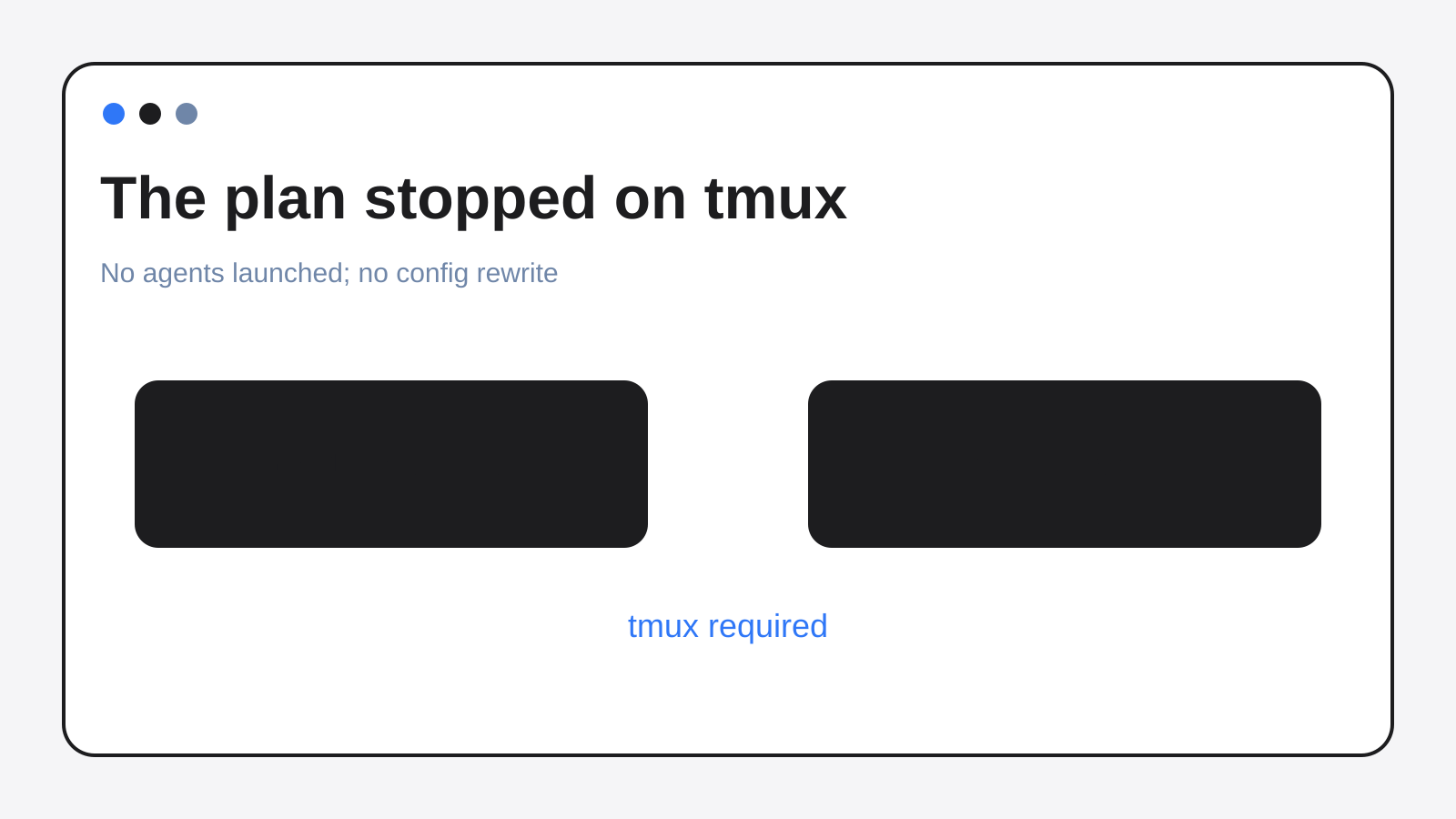 Terminal panes showing the tmux prerequisite for OpenRig.