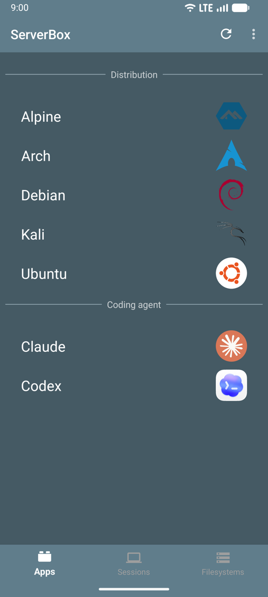ServerBox Apps tab: Alpine, Arch, Debian, Kali, Ubuntu and the Claude and Codex coding agents