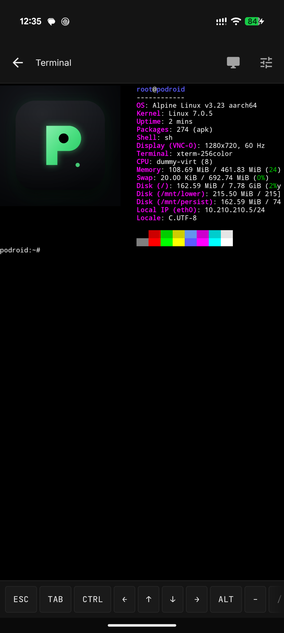 Podroid terminal showing Alpine Linux running inside the VM as root