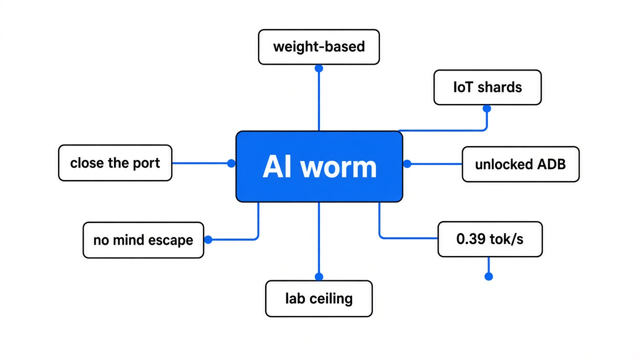 Simple mind map of AI worm research: weight-based, IoT shards, unlocked ADB, slow tokens, lab ceiling