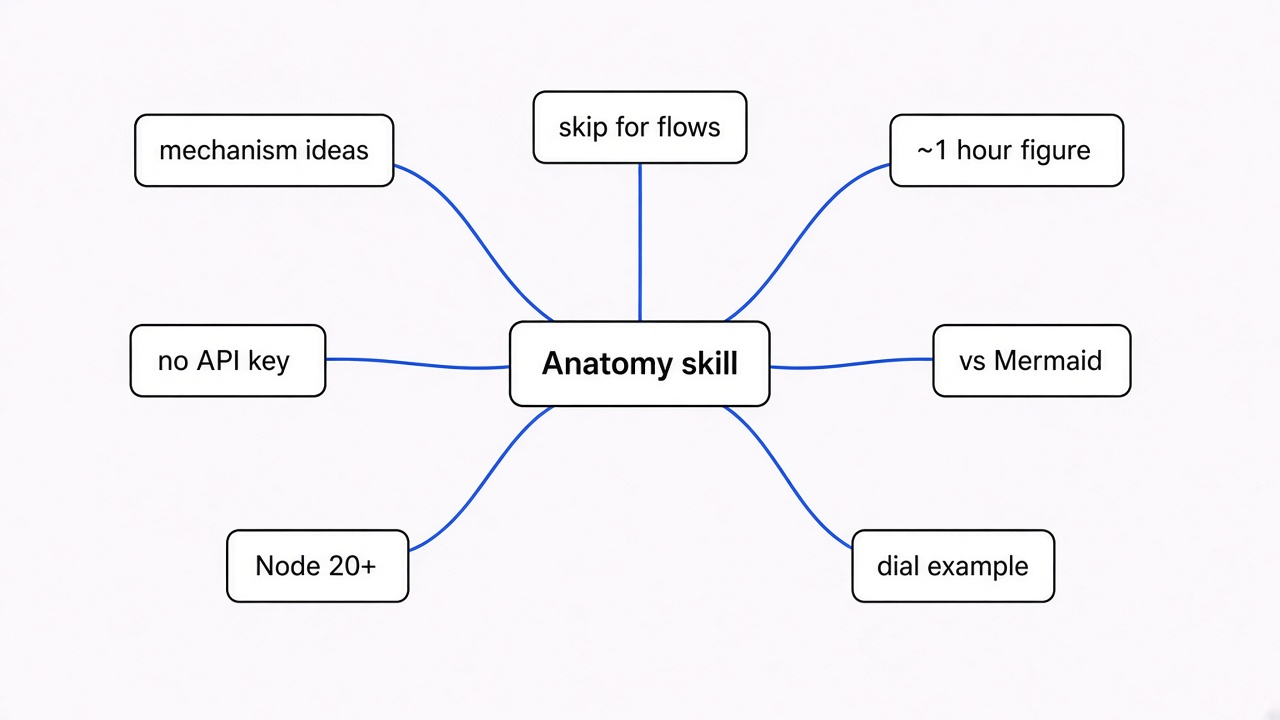 Simple mind map of the anatomy skill: mechanism ideas, skip for flows, about one hour per figure, no API key, Node 20+, dial example, vs Mermaid
