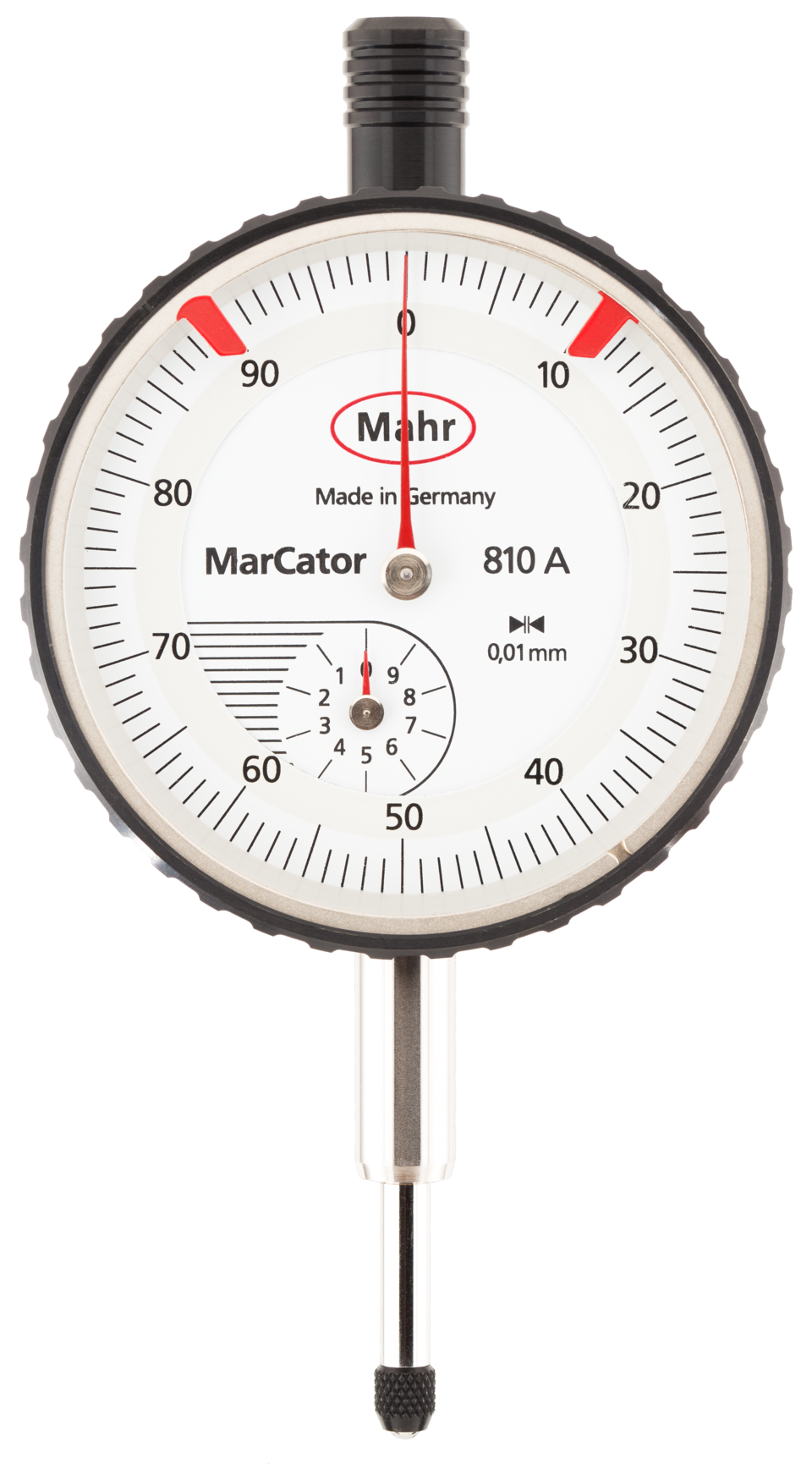 A machinist dial indicator clamped to a stand, the real gauge the example copies