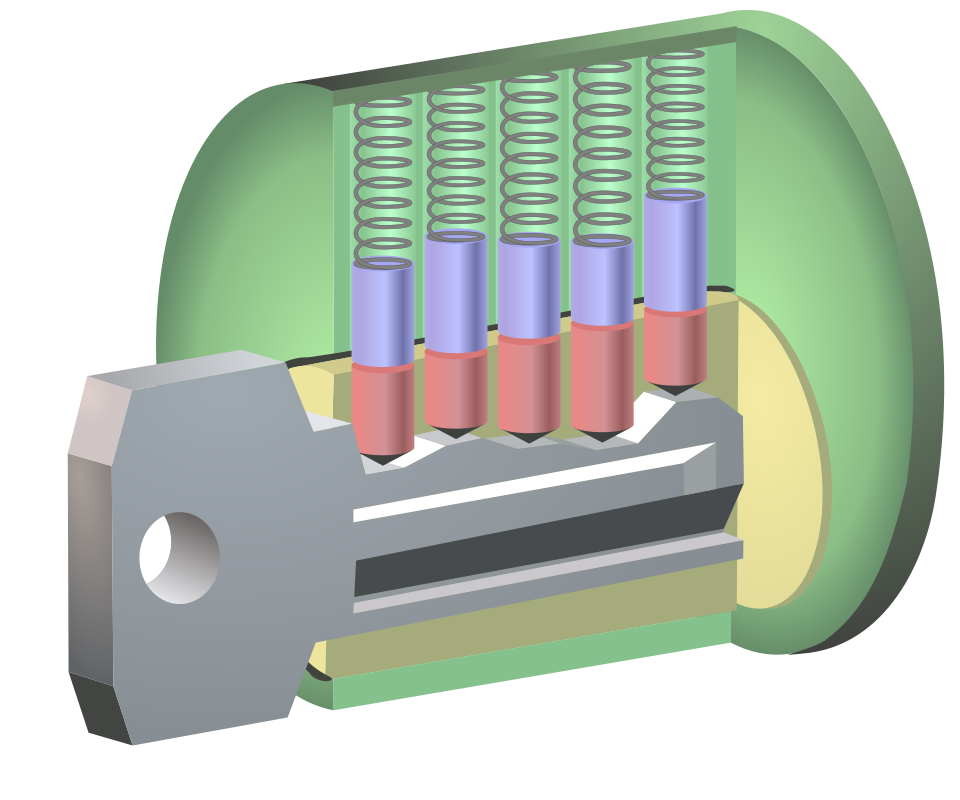 Cutaway of a pin tumbler lock with the key in. This is the object a cache hit can become