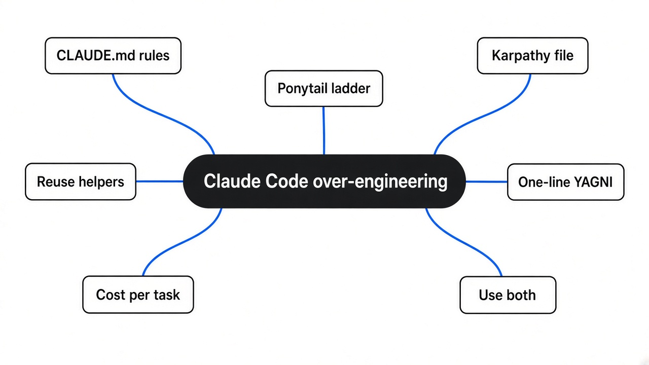 Mind map: stop Claude Code over-engineering with CLAUDE.md rules, Ponytail ladder, Karpathy file, reuse helpers, one-line YAGNI, cost per task