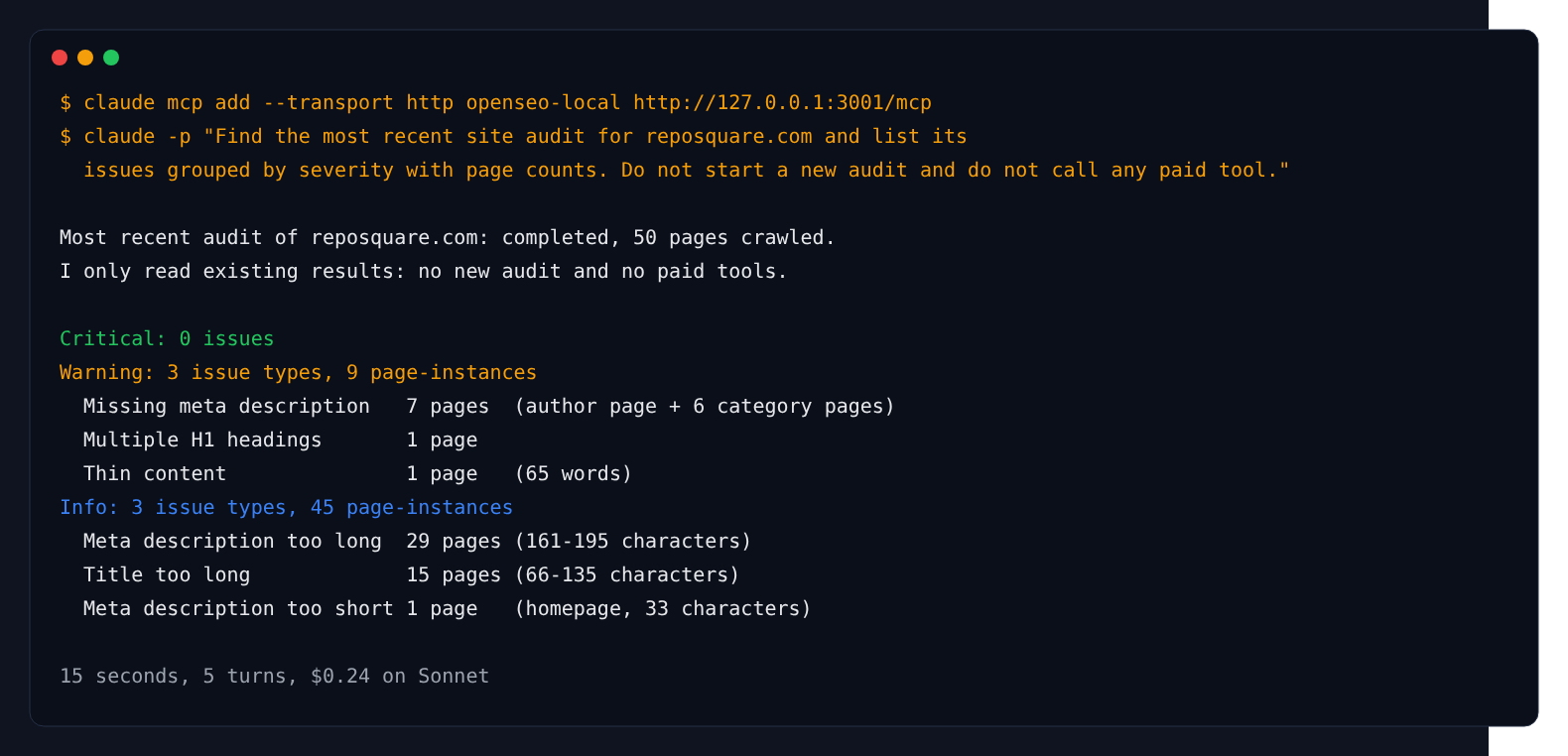 Claude Code reading an OpenSEO site audit through the local MCP server