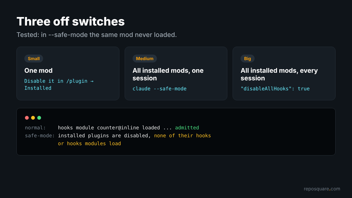 Three ways to turn off Claude Code mods and the safe-mode debug log line