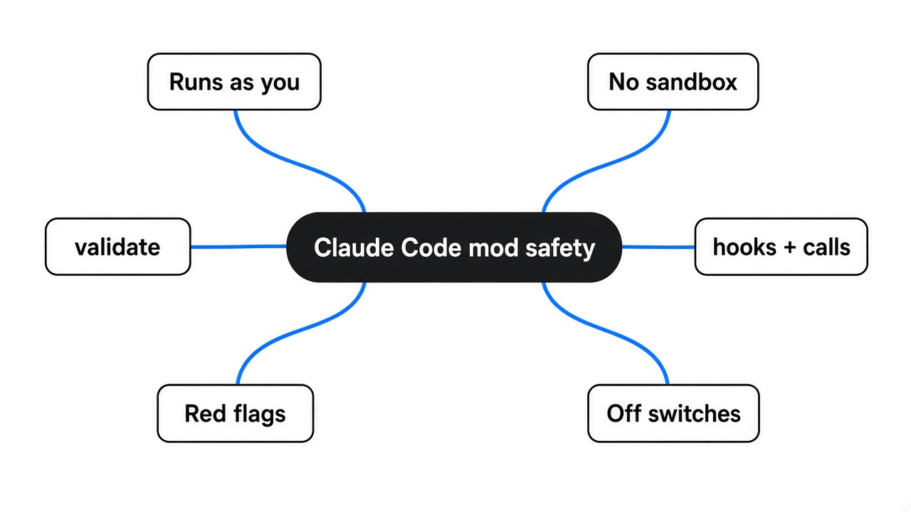 Mind map: are Claude Code mods safe, what a mod reaches, validate hooks and calls, red flags, off switches