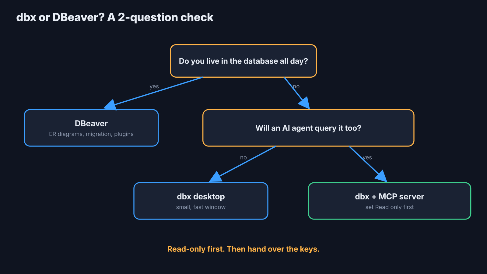 Two-question chart for choosing dbx or DBeaver