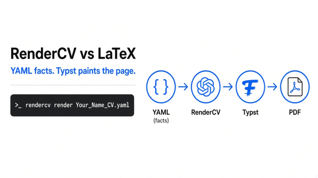 RenderCV vs LaTeX: YAML facts on the left, Typst page on the right.
