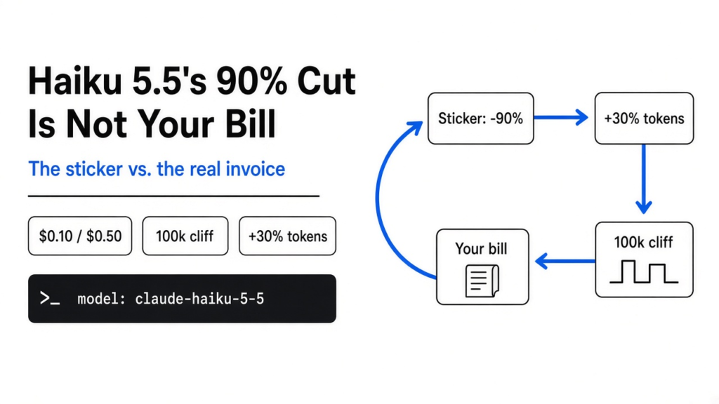 Claude Haiku 5.5 pricing: the 90% cut is a sticker, not your bill, with the 100k-token cliff and the 30% tokenizer bump