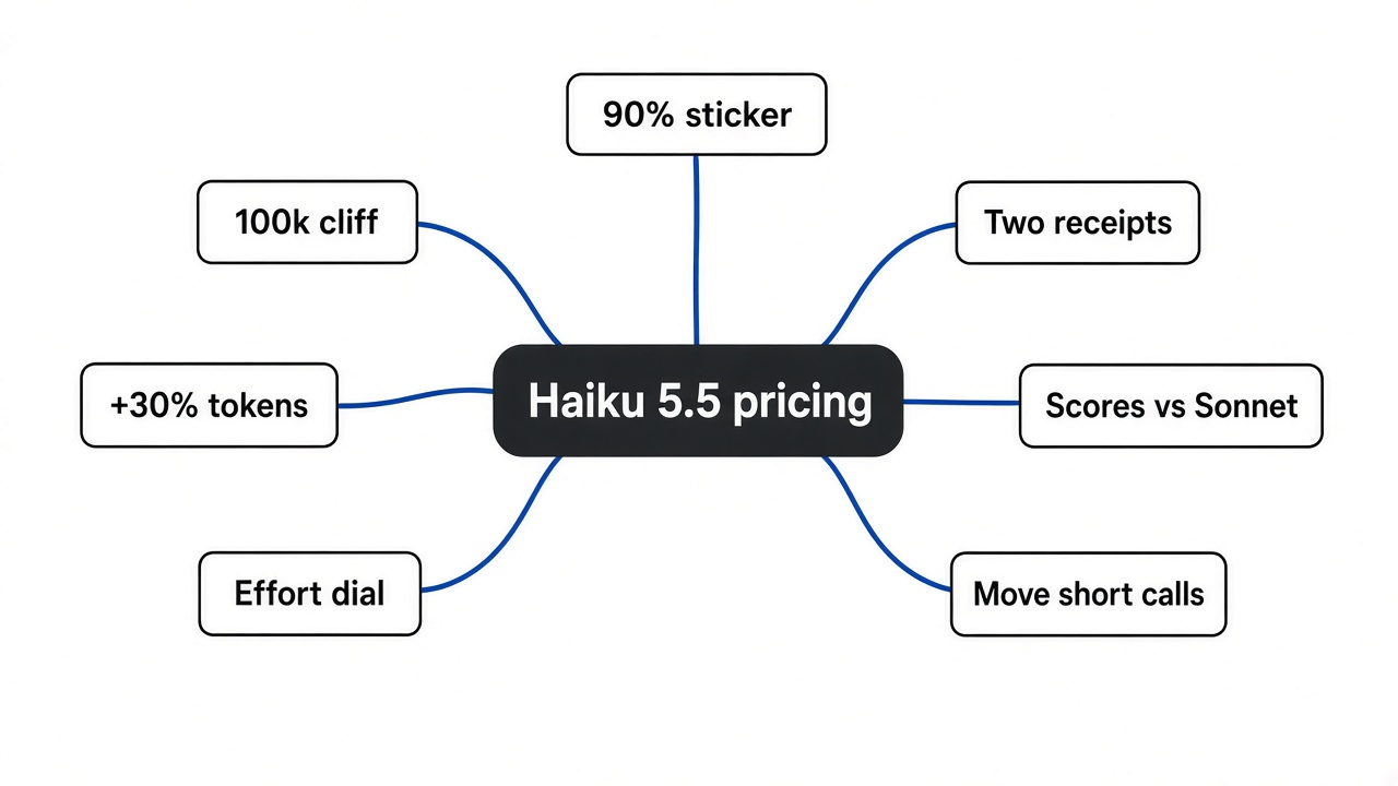 Mind map: Claude Haiku 5.5 pricing, covering the 90% sticker, the 100k-token cliff, 30% more tokens, the effort dial, two receipts, scores versus Sonnet, and moving short calls