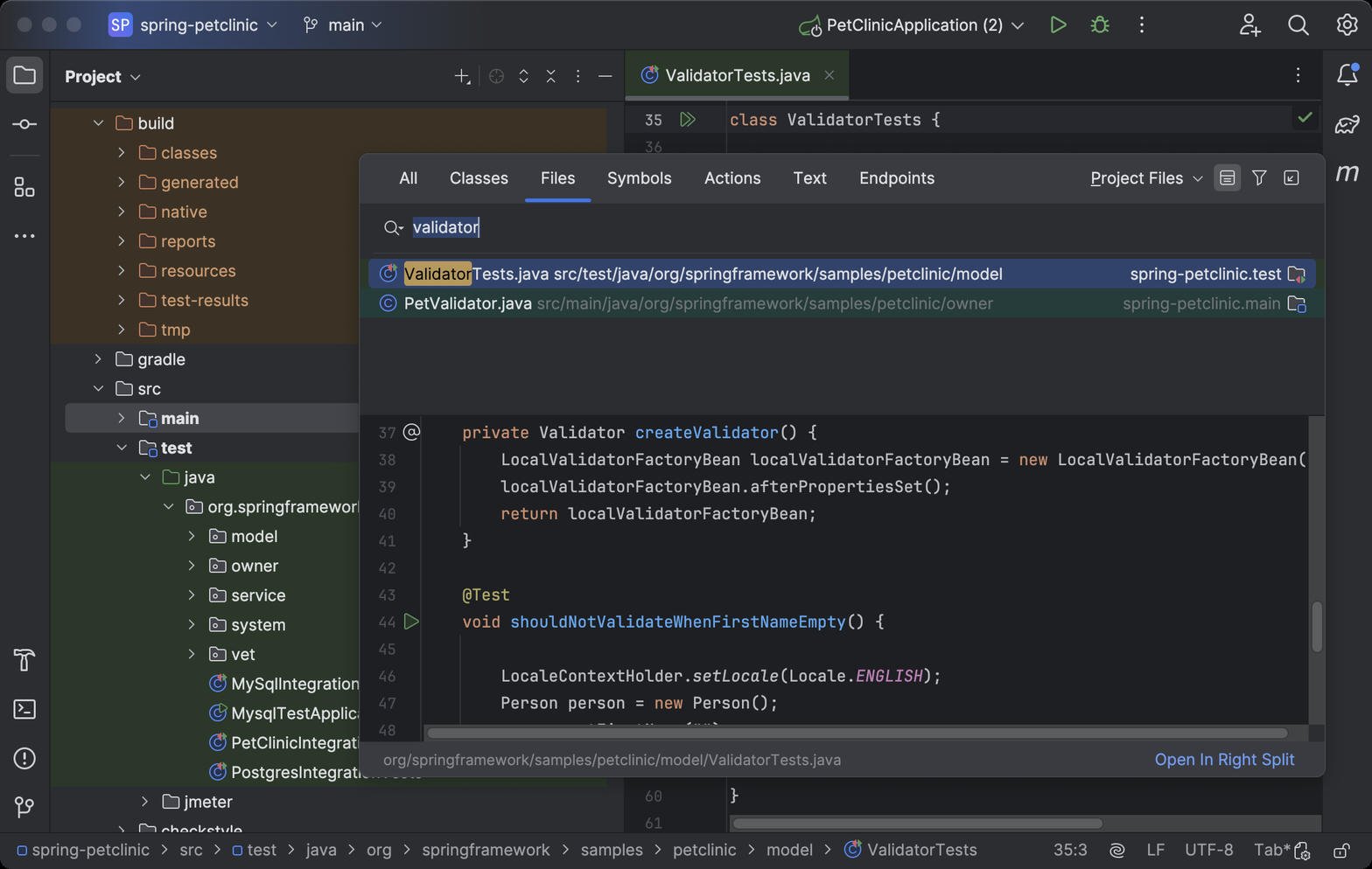 IntelliJ IDEA project tool window with tree, editor, and search