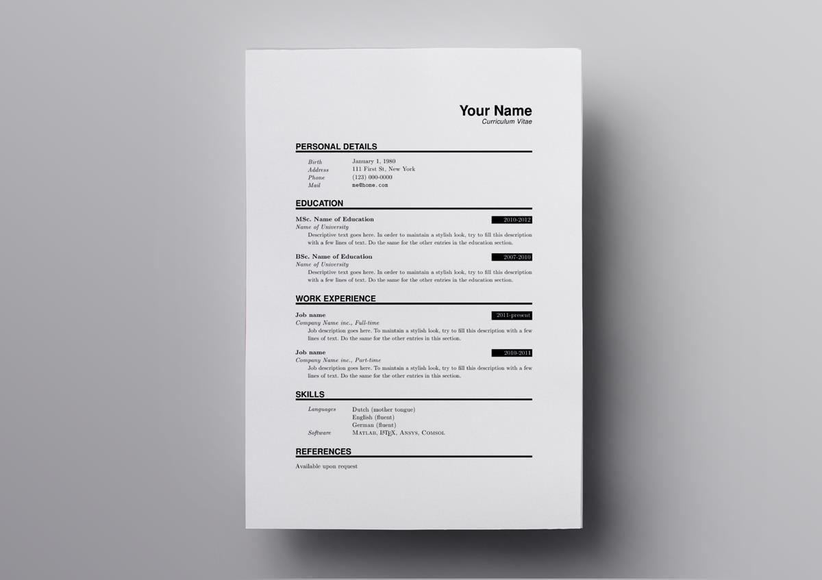 Classic academic LaTeX-style resume with tight rules, header, sections, and dates on the right.