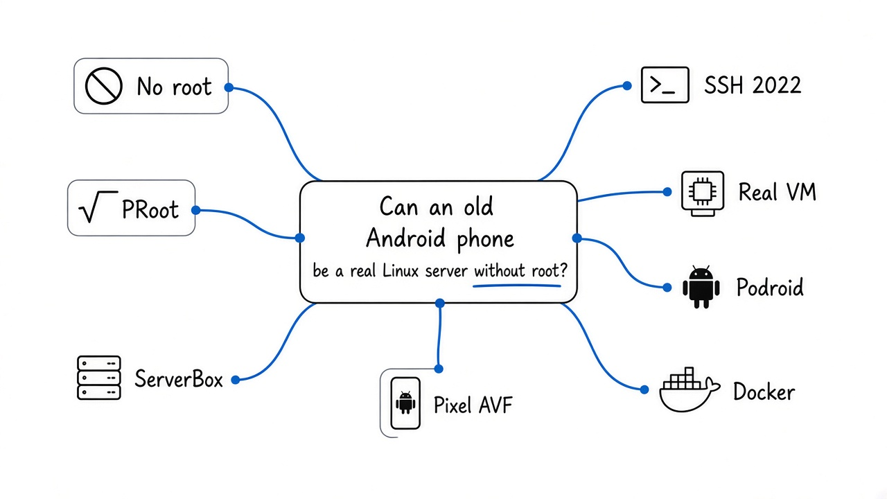 Sparse map of a no-root phone server: PRoot, ServerBox, Podroid, Docker