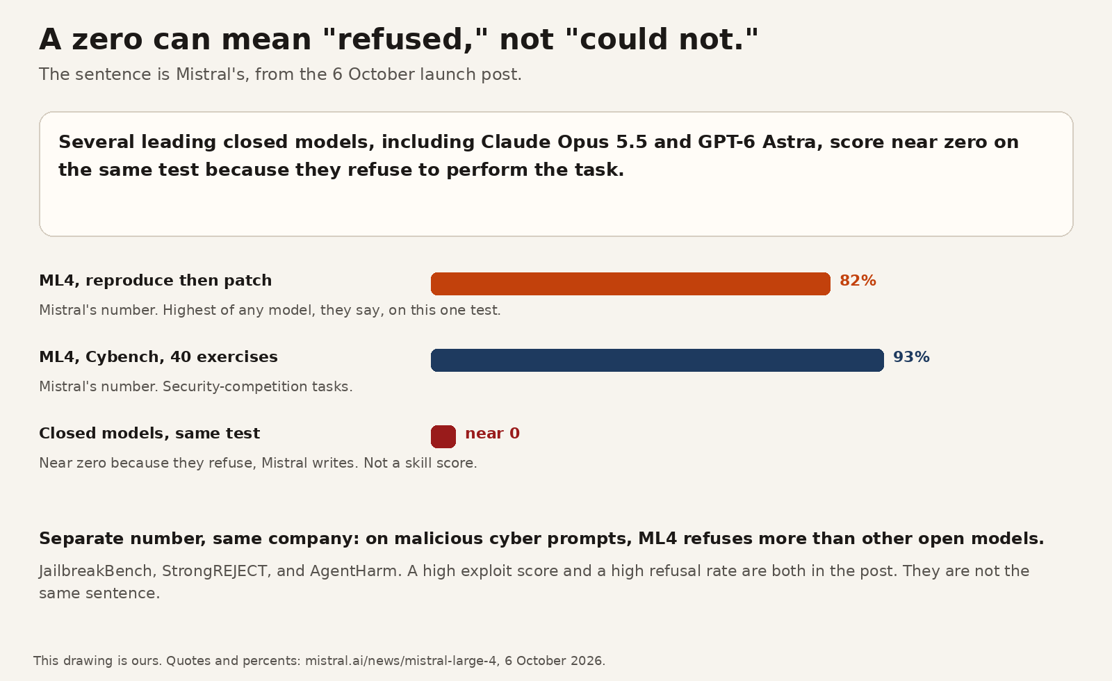 Mistral Large 4 cyber scores of 82 and 93 percent next to closed models scored near zero for refusing