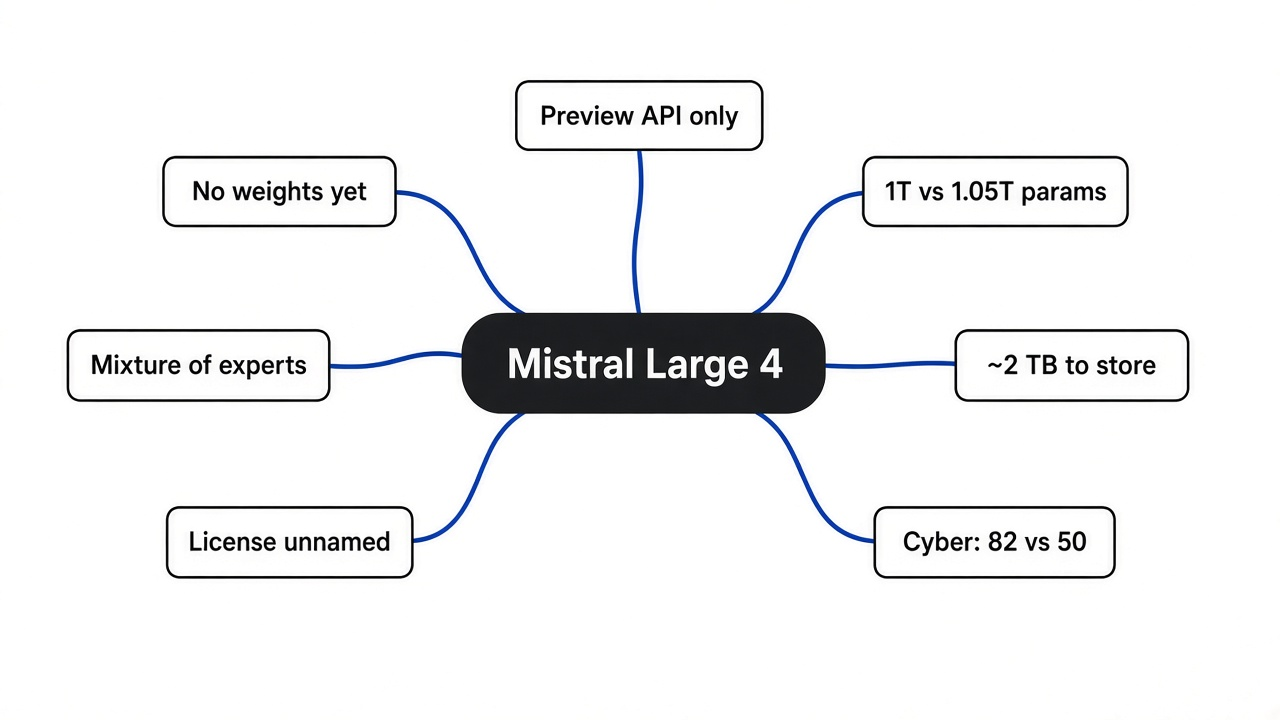 Mind map: Mistral Large 4, preview API, no weights yet, 1T vs 1.05T parameters, mixture of experts, 2 TB memory, unnamed license, cyber scores