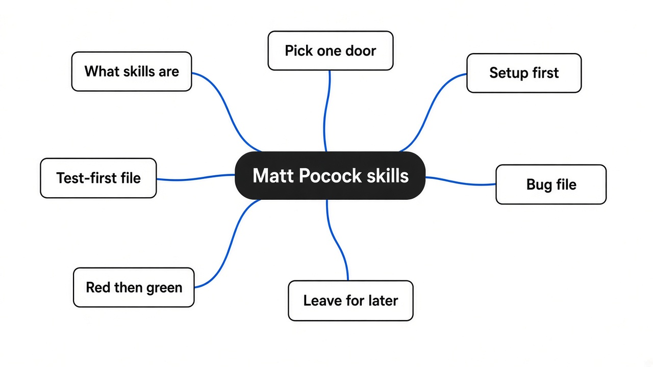 Mind map: are Matt Pocock skills worth it, covering what skills are, one install door, setup first, test-first file, bug file, red then green, and what to leave for later