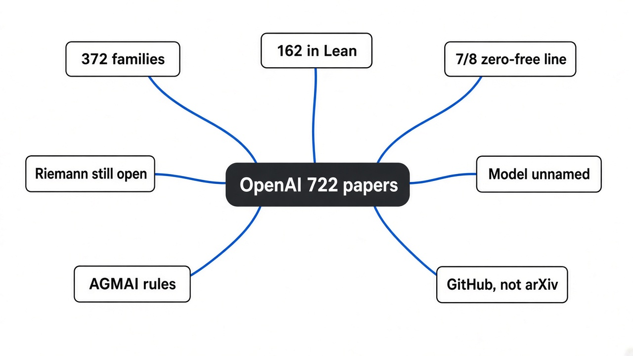 Mind map: OpenAI 722 math manuscripts, 372 families, Lean 162, 7/8 zero-free line, Riemann still open, AGMAI rules, GitHub not arXiv