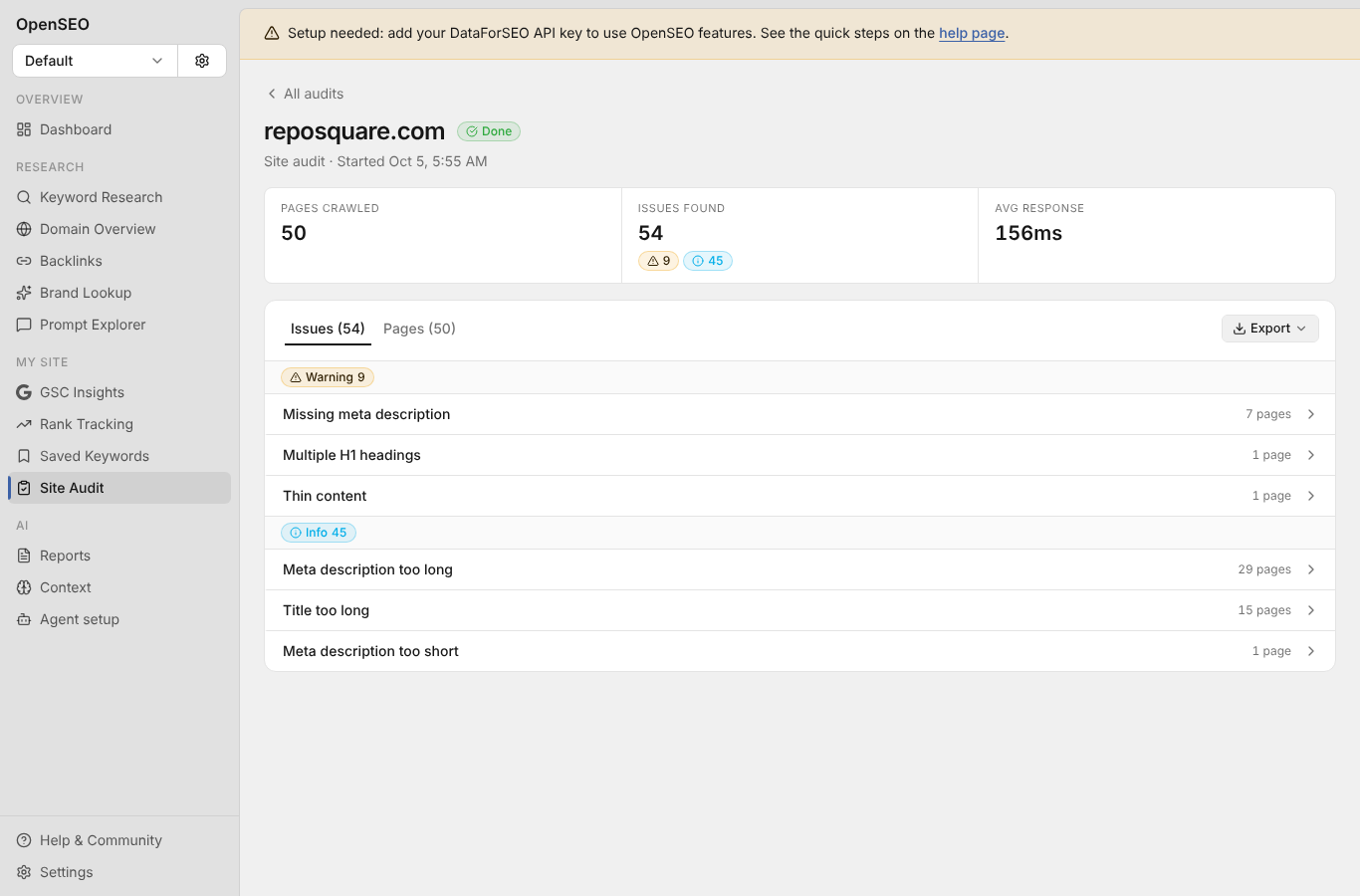 OpenSEO free site audit: 50 pages crawled, 54 issues, no API key