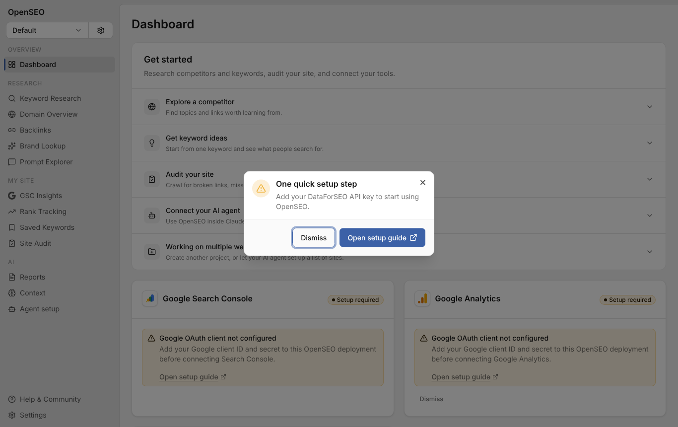 OpenSEO first screen asking for a DataForSEO API key