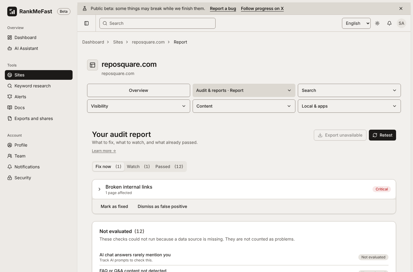 RankMeFast audit showing demo data and 12 checks not evaluated without keys