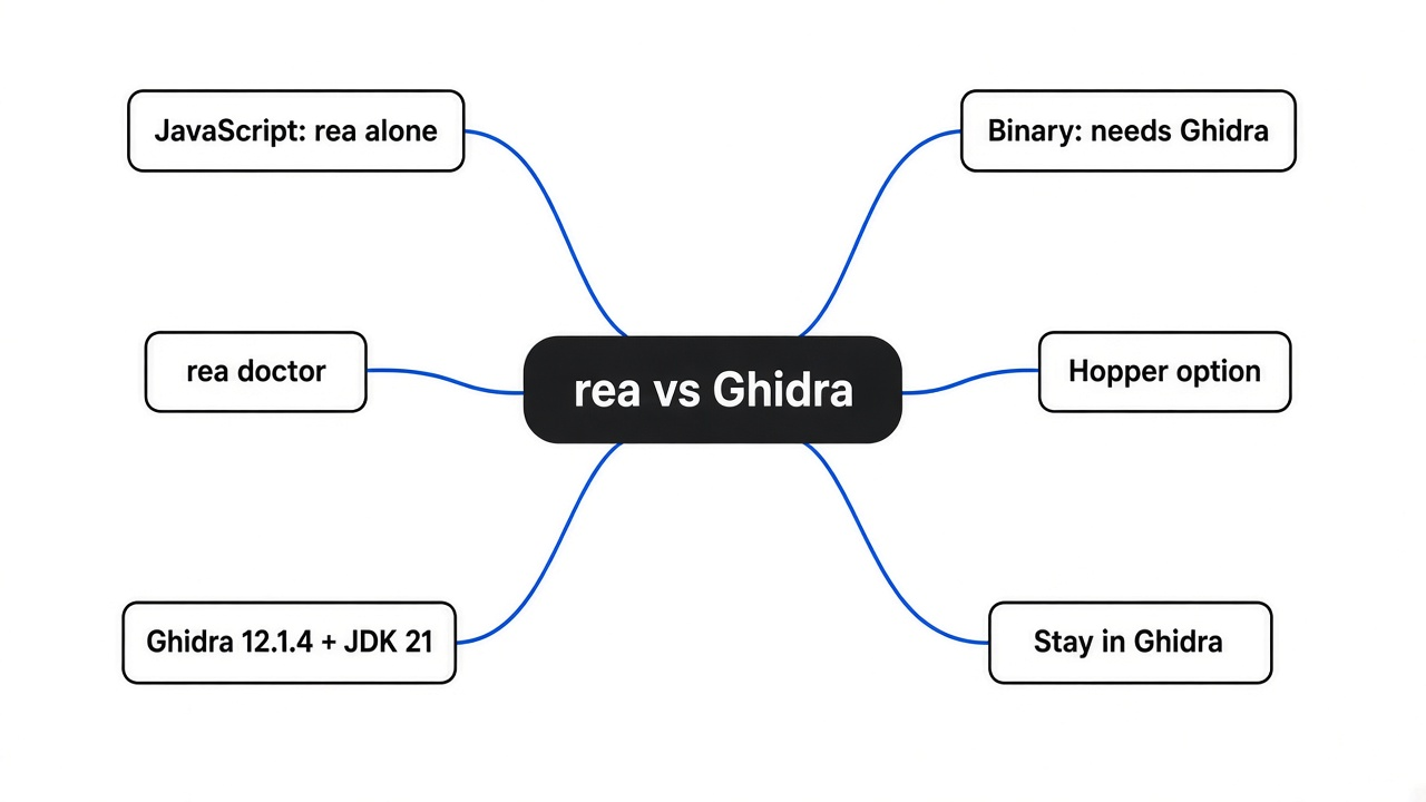 Mind map: rea vs Ghidra, JavaScript path, binary path, Ghidra 12.1.4 and JDK 21, rea doctor, when to stay in Ghidra