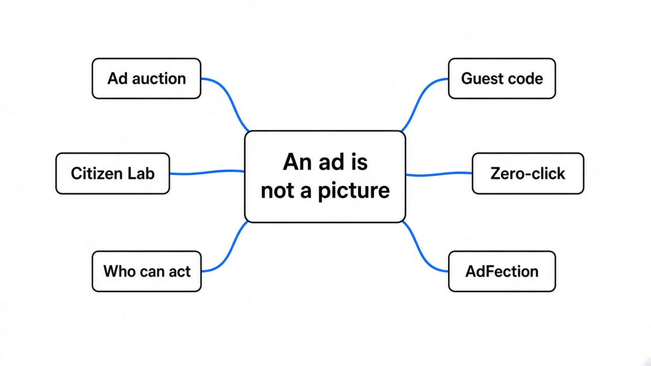 Simple mind map: an ad is not a picture — auction, guest code, zero-click, Citizen Lab, AdFection, who can act