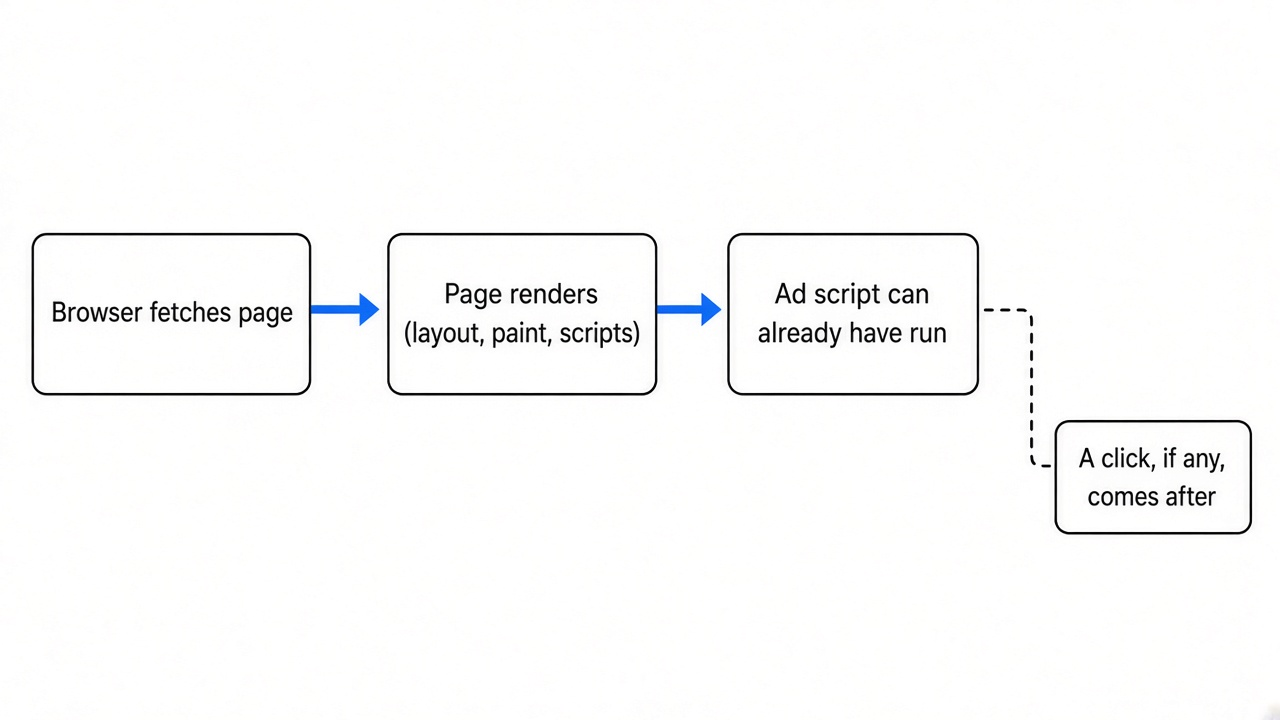 Render order: the page runs scripts before any click, so an ad script can already have run