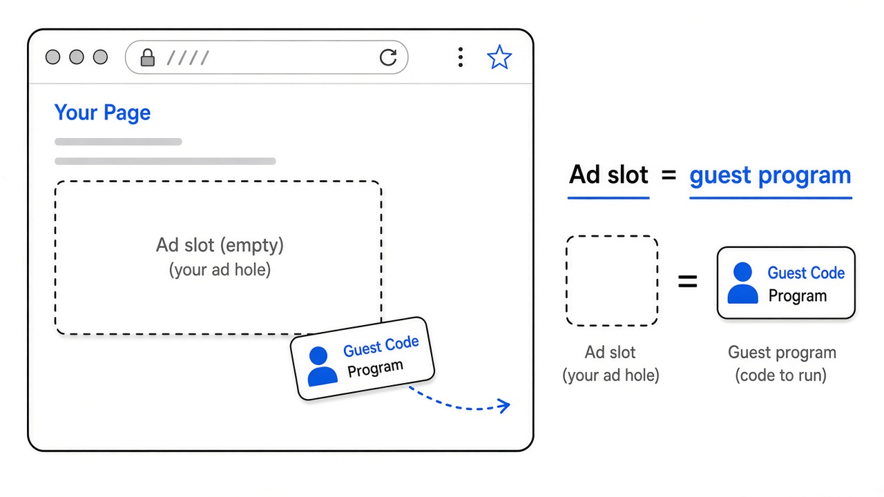An ad slot is a guest program: the hole on the page invites outside code, not just a picture