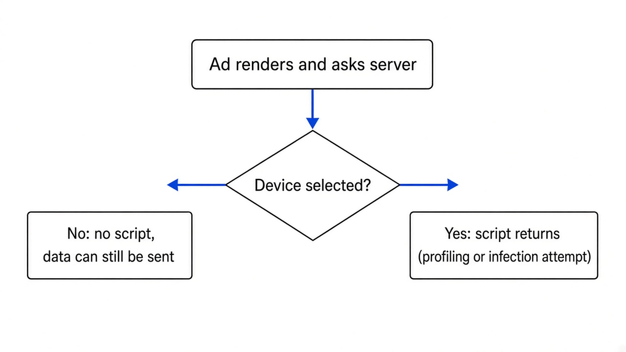 Selected branch: most ads return no script; only a selected device gets a script that can start profiling or an infection attempt