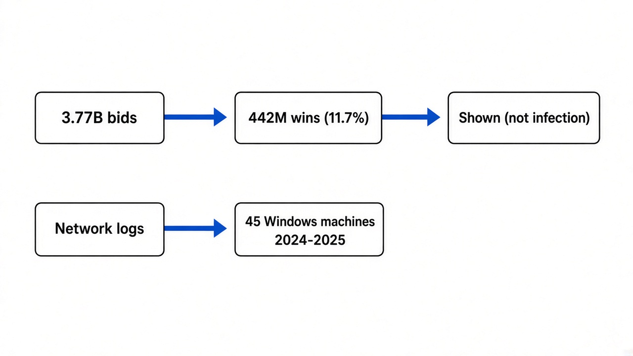 Two counts kept apart: 442 million auction wins are not infections; 45 Windows machines from newsroom logs are