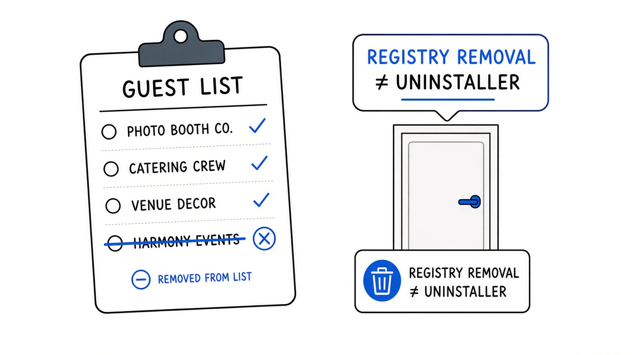 Registry removal is a guest-list change, not an uninstaller for a program already on a machine