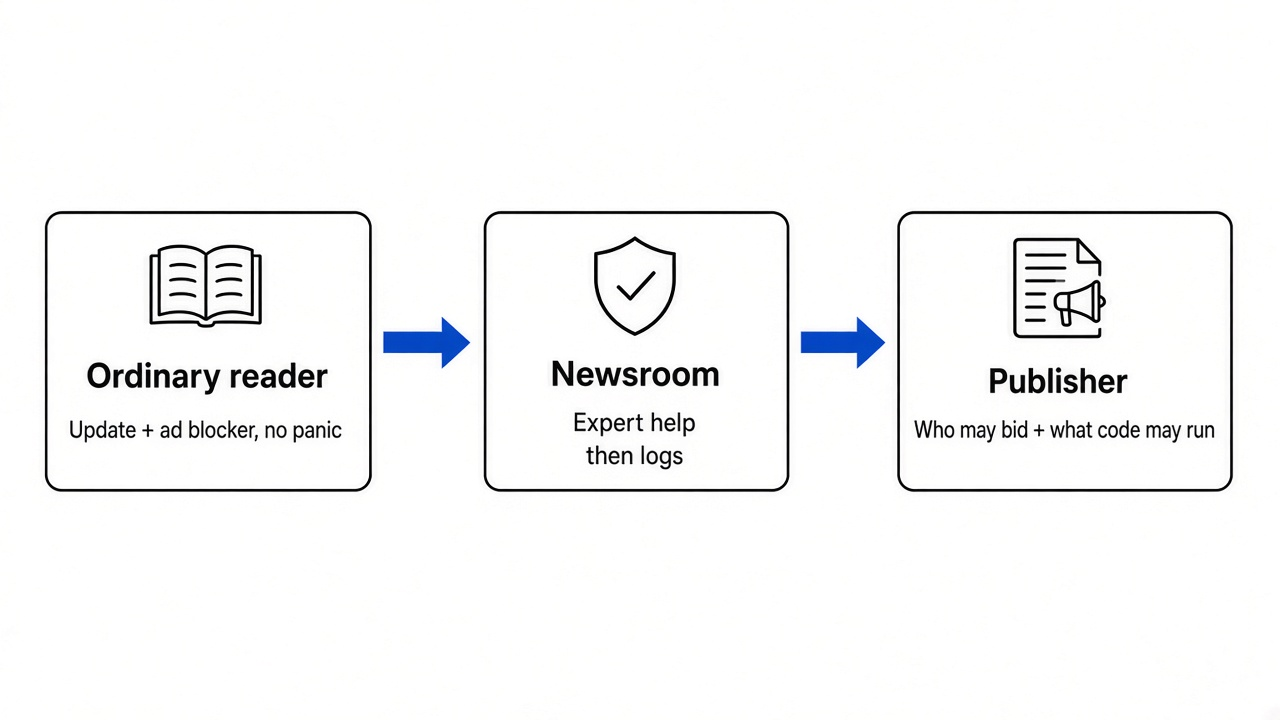 Who does what: readers update, newsrooms get expert help and check logs, publishers control who may bid and what code may run