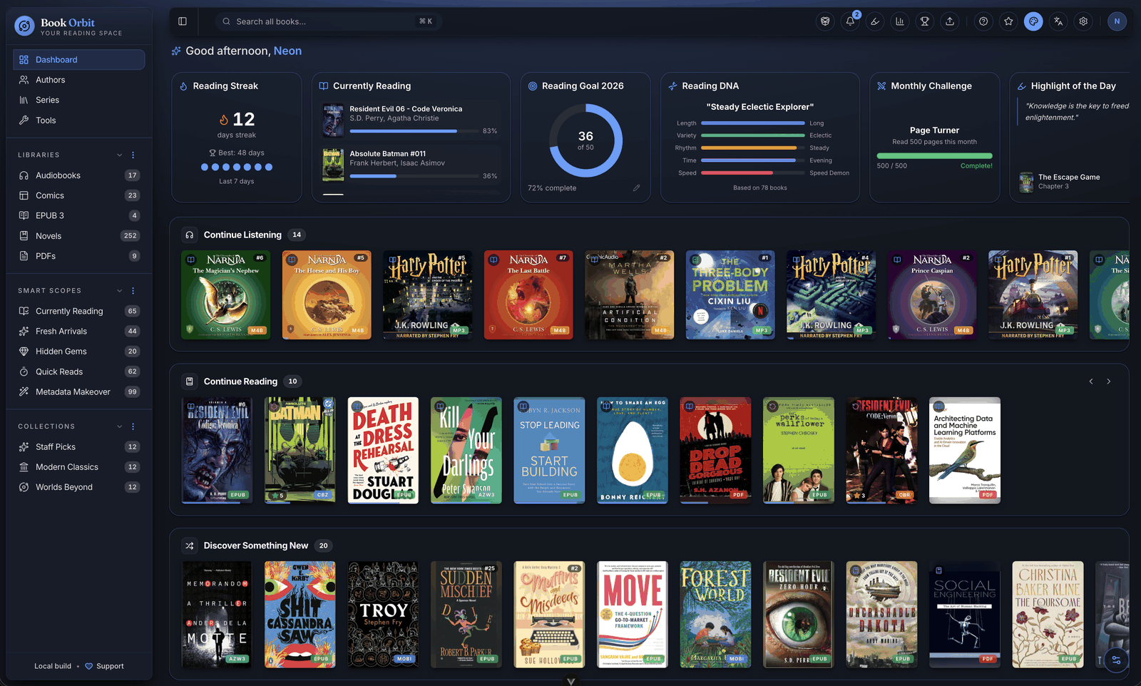 BookOrbit web dashboard with a book shelf, reading goals, and library stats